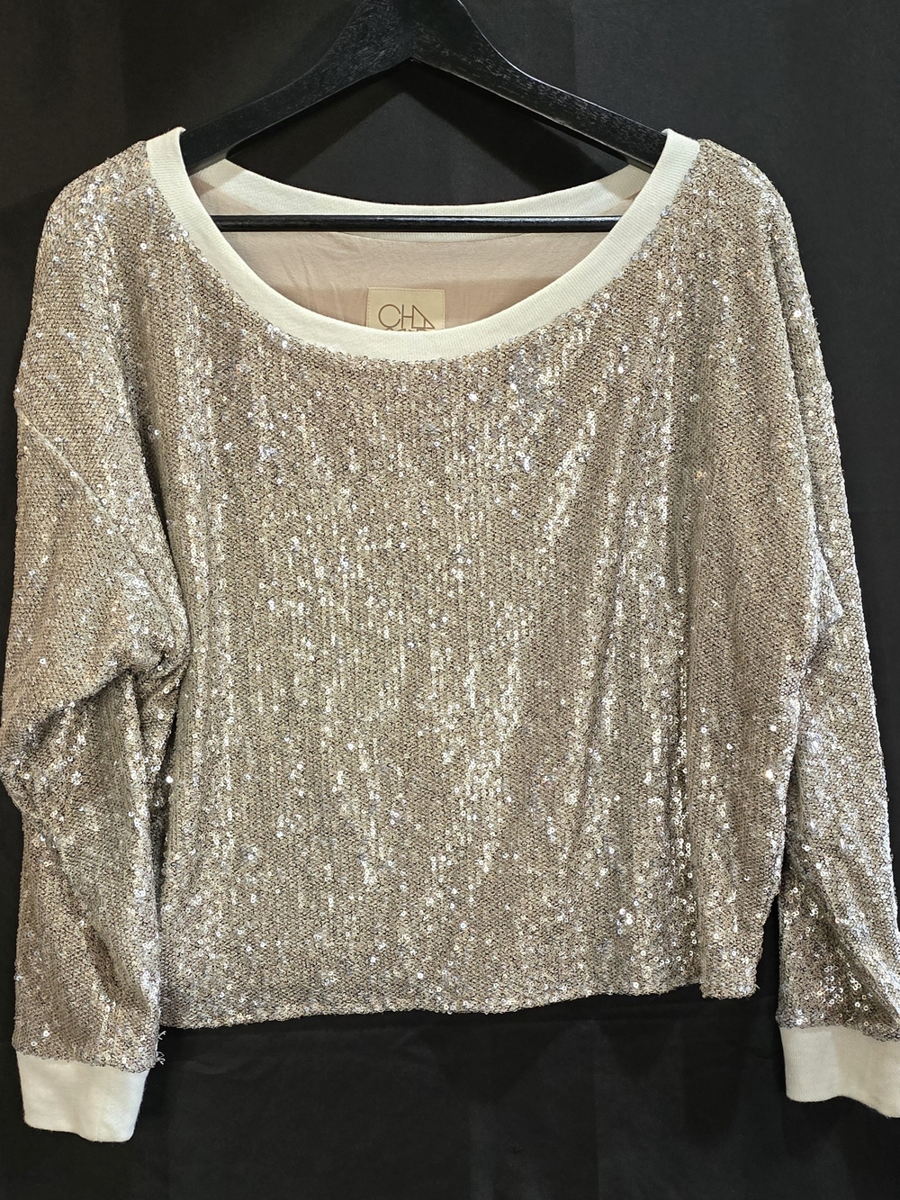 Chaser Champagne All Over Sequin Slouchy Dolman Pullover Top